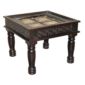 Solid Wood Hand Carved Square End Table With Brass Foil Accents
