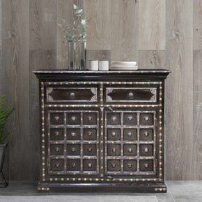 Transitional Mango Wood Metal Accent 2-Door Black Cabinet With Drawers