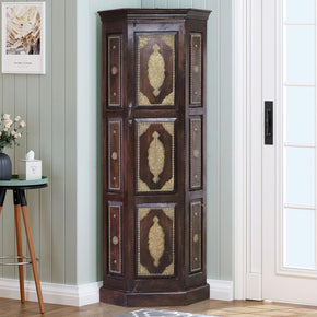 Transitional Solid Mango Wood Corner Armoire With Brass Accents