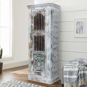 Transitional Distressed White Narrow Armoire With Iron Grill