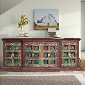 Antique Distressed Green Door Extra Large Sideboard With Brass Accents