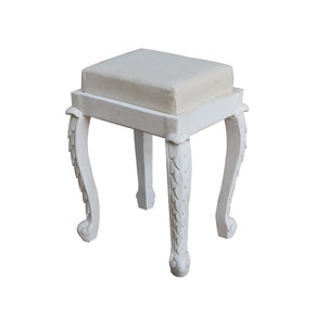 Vintage Distressed White Carved Stool With Cushion