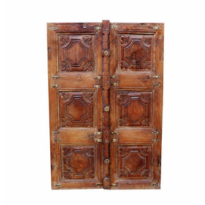 Mid 1900s Hand Carved Window Shutter With Brass Accents