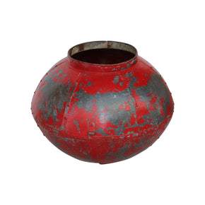 Vintage Round Iron Planter With Distressed Red Patina