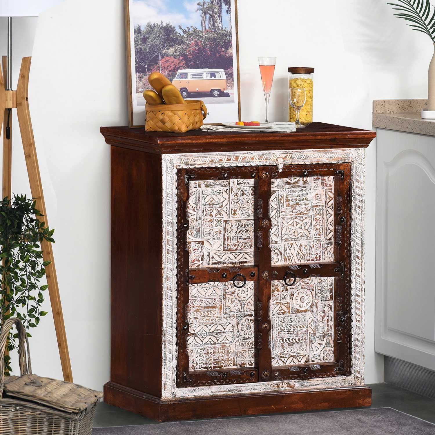 Carved Doors Sideboard Cabinet with Wooden Drawers - Rare Finds Warehouse