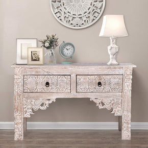 Carved Distressed White Solid Wood Console With Drawers