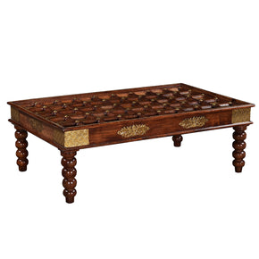 Ornate Brass Tile Carved Solid Wood Coffee Table