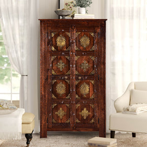 Vintage Carved Solid Wood Armoire With Brass Accents