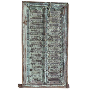 Vintage Indian Framed Door With Green Patina Wall Art