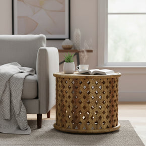 Modern Farmhouse Hand Carved Lattice 24" Round End Table