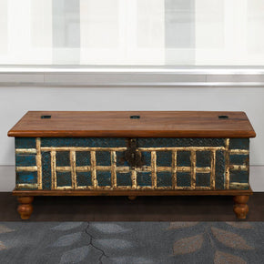 Rustic Vintage Teak Wood Chest Coffee Table With Distrssed Navy Patina