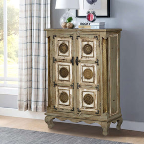 Elegant 2-Door Solid Wood Gray Tall Cabinet With Brass Accents