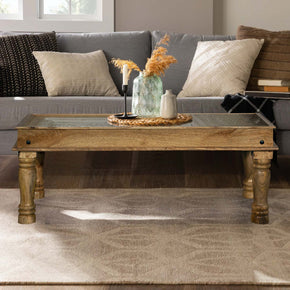 Transitional Style Lattice Carved Panel Inset Solid Wood Coffee Table