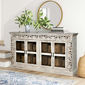 Lattice Carved Glass Door Long Sideboard Cabinet