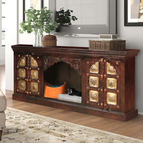 Transitional Style Solid Wood Media Console With Brass Accents