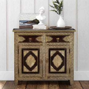 Ornate 2-Door Solid Wood Cabinet With Brass Foil Accents