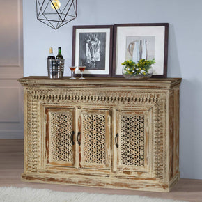 Transitional Style Lattice Carved Solid Wood Buffet Sideboard