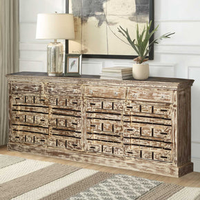 Rustic Solid Wood 4-Door Credenza With Metal Strap Accents