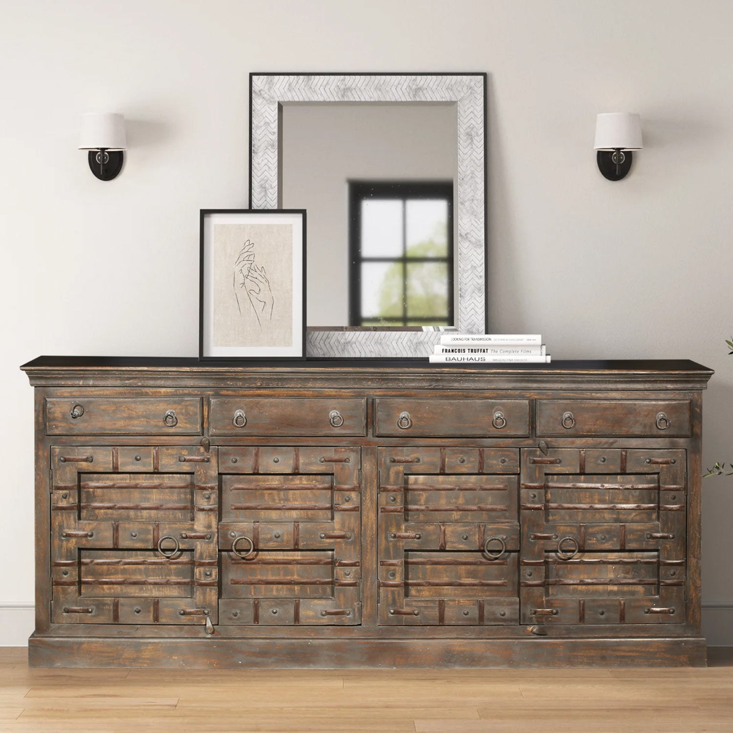 long credenza dresser Long Walnut Mid-Century Modern 9 Drawers Credenza Dresser Double Door Cabinet