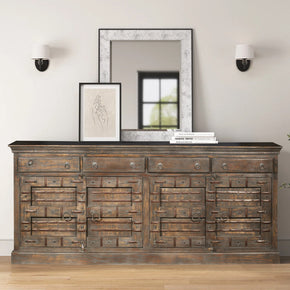 Rustic 89" Extra Long Solid Wood Credenza With Drawers & Iron Strap Accents