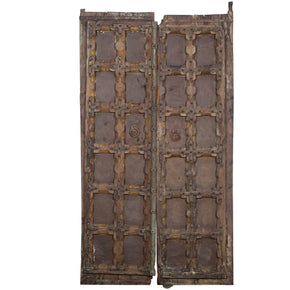 1900s Antique Teak Wood Door With Rustic Metal Inset