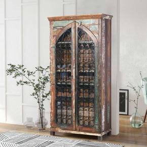 84 Inch Tall Farmhouse Style Wine Bar Cabinet With Iron Grills