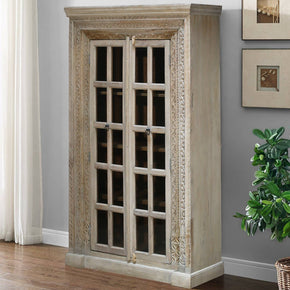Eclectic Carved Frame Solid Wood Armoire With Glass Pane Doors