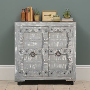 Gray 2-Door Carved Mango Wood Cabinet