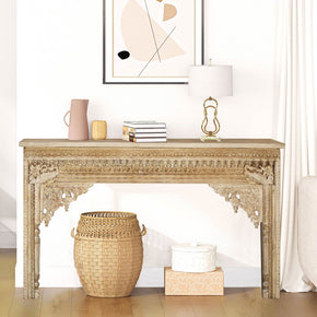 Transitional Style Intricately Carved White Washed Console