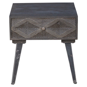 Rustic Modern Distressed Gray Carved End Table With Drawer