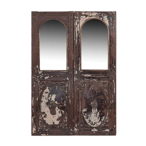 Vintage Solid Wood Distressed Finish Carved Window With Mirror