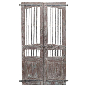 Vintage Teak Wood Patio Door With Iron Bars