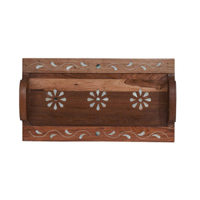 Unique Wooden Decorative Tray With Bone Inlay Flowers- Set of 2