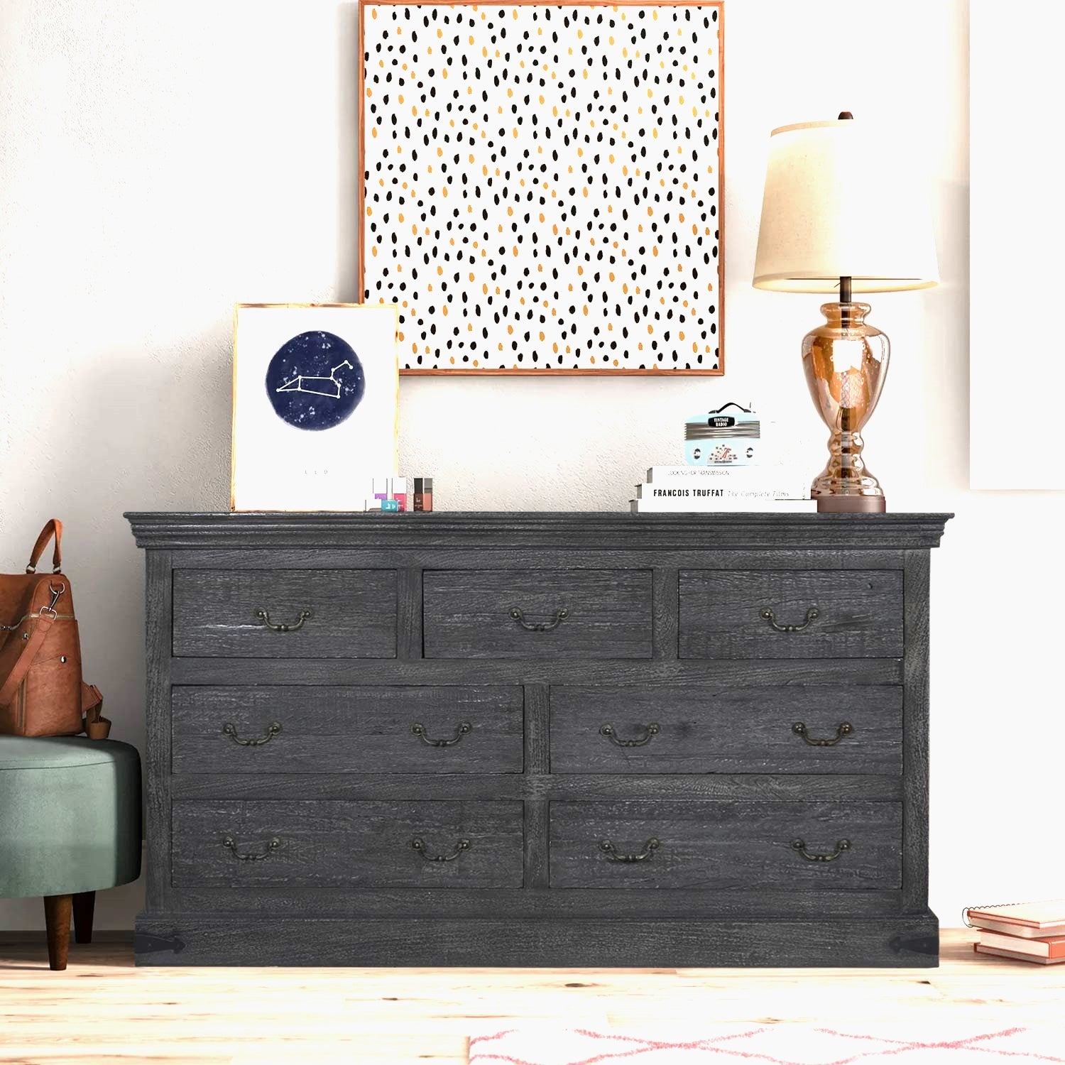 Distressed Charcoal Gray Solid Wood Bedroom Dresser With 7 Drawers - Far Pavilions Distressed Charcoal Gray Solid Wood Bedroom Dresser With 7 Drawers - Far Pavilions