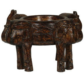 Hand Carved Distressed 4 Elephant Heads Candle Holder