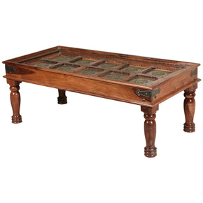 Solid Wood Small Coffee Table With Ornate Brass Tile Accents