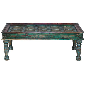 Farmhouse Style Colored Patina Coffee Table with Brass Accents