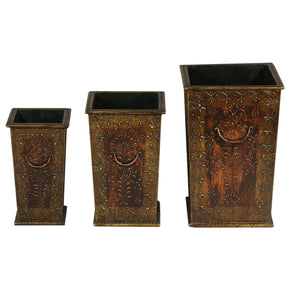 Solid Wood Hand Painted Elegant Planters In Antique Gold Finish - Set Of 3