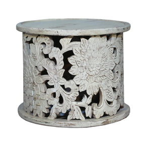 Hand Carved Floral Lattice Solid Wood Round End Table