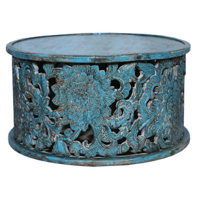 Hand Carved Lattice Distressed Blue 36" Round Cocktail Table