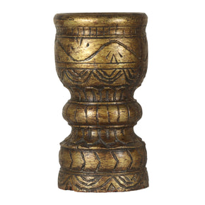 Vintage Wooden Carved Mortar In Gold Finish Candlestand