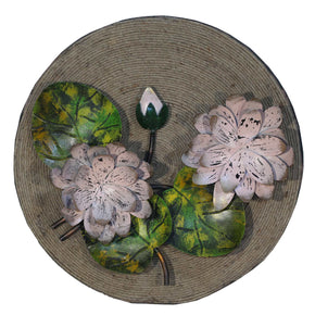 Farmhouse Style Round Wall Art With Rope And Metal Flowers