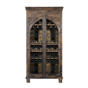 Rustic Aged Railroad Ties Wine Armoire With Arched Grill Doors