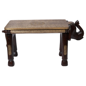 Eclectic Elephant Head Solid Wood Bench Table With Brass Accents