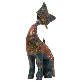 Whimsical Hand Painted Wood And Metal Cat Figurine - Blue