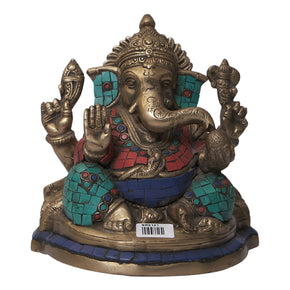 Handmade Brass "Ganesha" Statue With Semi-Preciuos Stone Overlay
