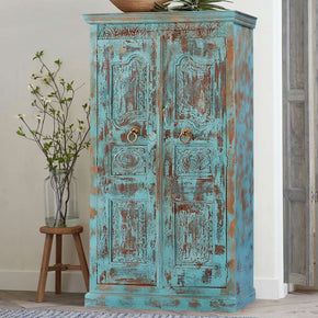 Blue Distressed Hand Carved Vintage Door Bedroom Armoire