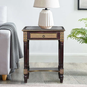 Elegant Brass Foil Accented Side Table Nightstand With Drawer