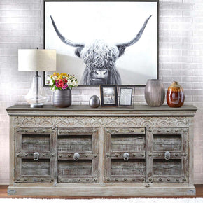 Ranch Style 4 Antique Door 88" Long Sideboard In Distressed Finish