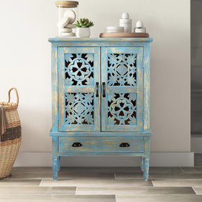 Farmhouse Style  Lattice Carved Solid Wood 32" Wide 2 Door Storage Cabinet
